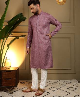 Peach kahdi cotton embroidery print party wear kurta and payjama 2