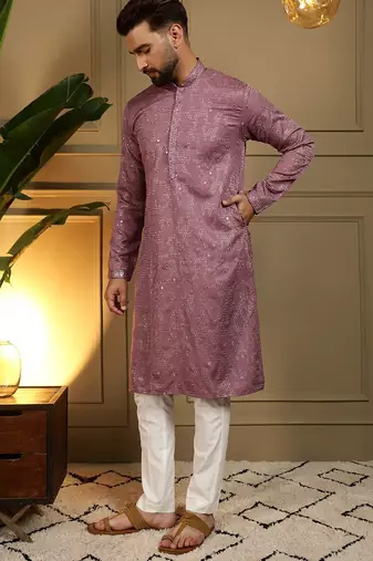 Peach kahdi cotton embroidery print party wear kurta and payjama