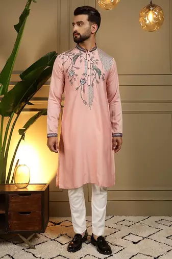 Pink viscos embroidery print party wear kurta and payjama
