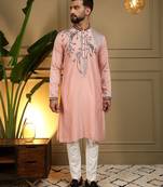 Pink viscos embroidery print party wear kurta and payjama