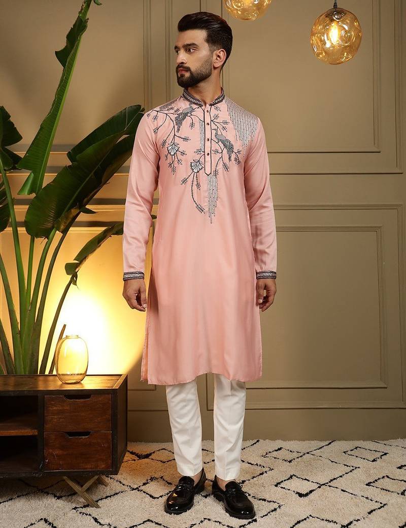 Pink viscos embroidery print party wear kurta and payjama