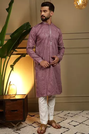 Peach kahdi cotton embroidery print party wear kurta and payjama