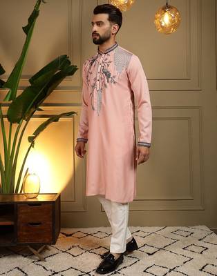Pink viscos embroidery print party wear kurta and payjama 2
