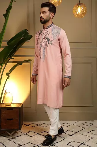 Pink viscos embroidery print party wear kurta and payjama