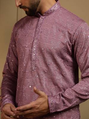 Peach kahdi cotton embroidery print party wear kurta and payjama 4