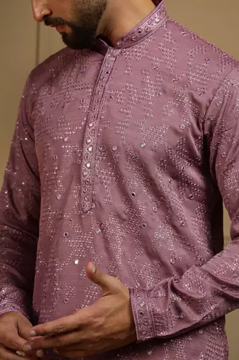 Peach kahdi cotton embroidery print party wear kurta and payjama