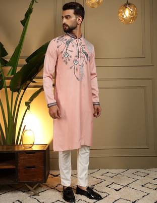 Pink viscos embroidery print party wear kurta and payjama 3