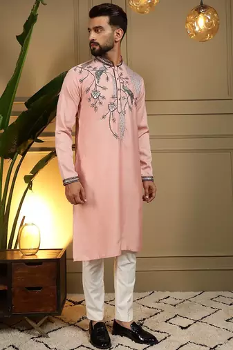 Pink viscos embroidery print party wear kurta and payjama