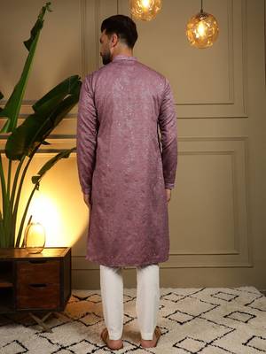 Peach kahdi cotton embroidery print party wear kurta and payjama 5