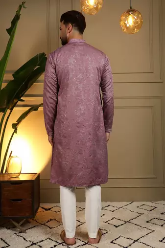 Peach kahdi cotton embroidery print party wear kurta and payjama