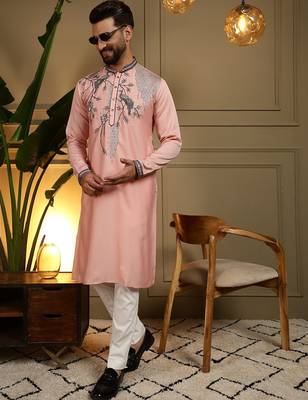 Pink viscos embroidery print party wear kurta and payjama 4