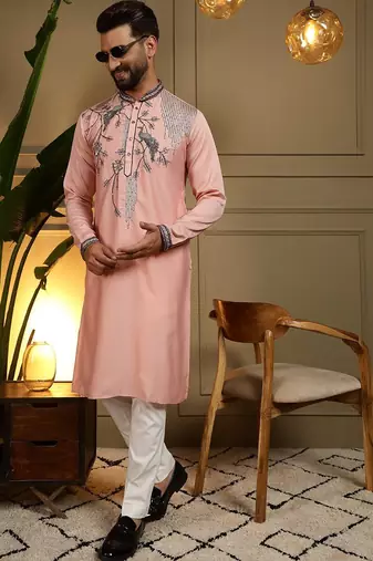 Pink viscos embroidery print party wear kurta and payjama