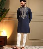 Navy blue lachko embroidery print party wear kurta and payjama