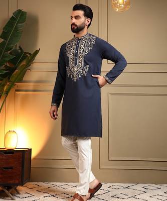 Navy blue lachko embroidery print party wear kurta and payjama 2