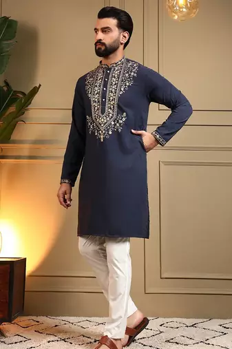 Navy blue lachko embroidery print party wear kurta and payjama