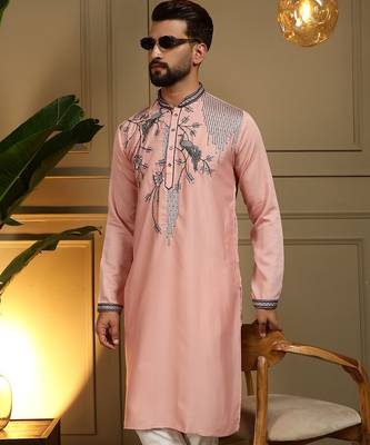 Pink viscos embroidery print party wear kurta and payjama 5