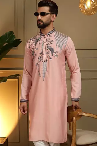 Pink viscos embroidery print party wear kurta and payjama