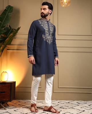 Navy blue lachko embroidery print party wear kurta and payjama 3