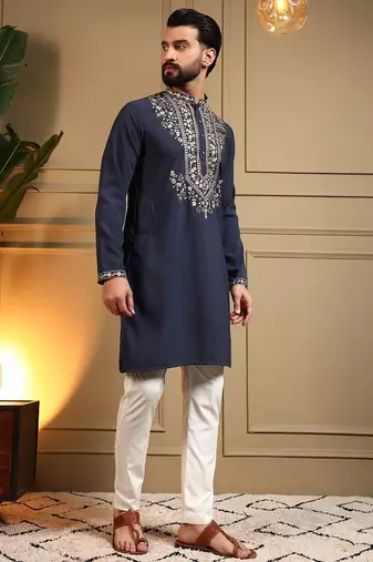 Navy blue lachko embroidery print party wear kurta and payjama