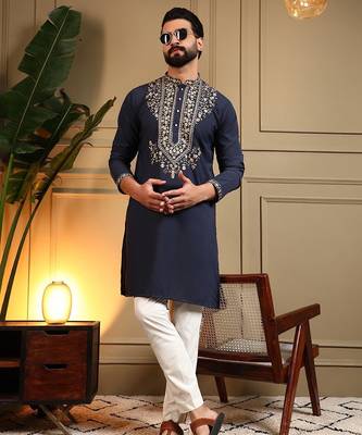 Navy blue lachko embroidery print party wear kurta and payjama 4