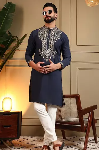Navy blue lachko embroidery print party wear kurta and payjama