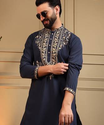 Navy blue lachko embroidery print party wear kurta and payjama 5