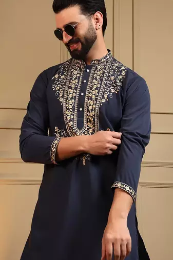 Navy blue lachko embroidery print party wear kurta and payjama