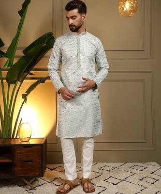 Green heavy jecquard print party wear kurta and payjama 2