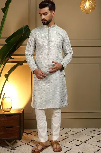 Green heavy jecquard print party wear kurta and payjama