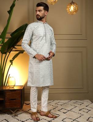 Green heavy jecquard print party wear kurta and payjama 3