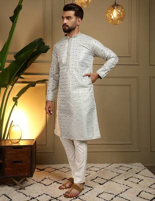 Green heavy jecquard print party wear kurta and payjama 4