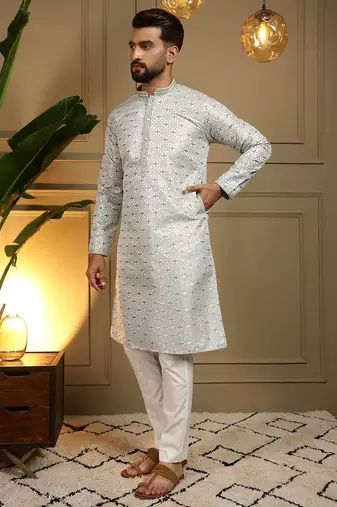 Green heavy jecquard print party wear kurta and payjama