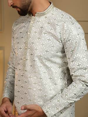 Green heavy jecquard print party wear kurta and payjama 5