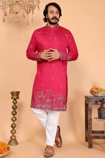 Pink linen cotton embroidery party wear kurta and payjama