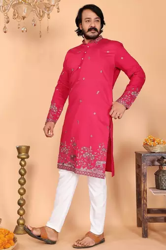 Pink linen cotton embroidery party wear kurta and payjama