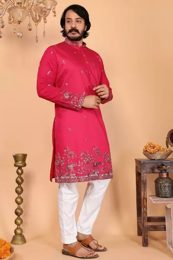 Pink linen cotton embroidery party wear kurta and payjama