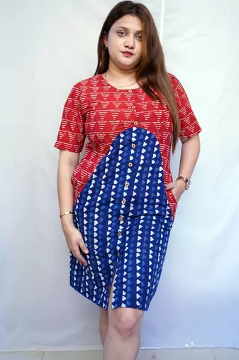 Red Dabu Handblock Printed Cotton Knee-Length kurti