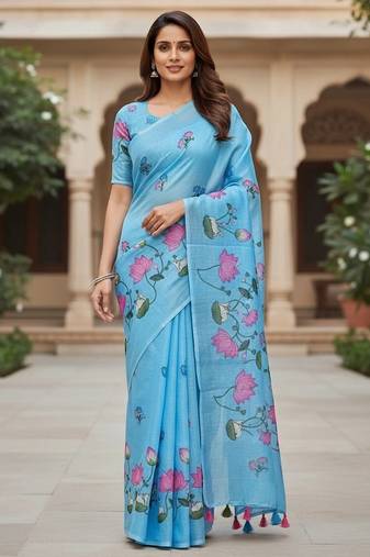 Blue colour leaf digital printed linen cotton saree with jhalar