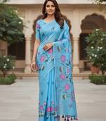 Blue colour leaf digital printed linen cotton saree with jhalar