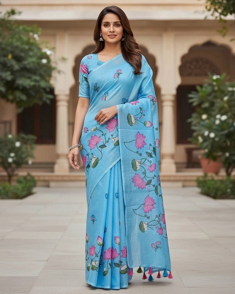 Blue colour leaf digital printed linen cotton saree with jhalar