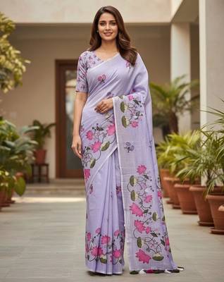 Purple colour leaf digital printed linen cotton saree  with jhalar 1