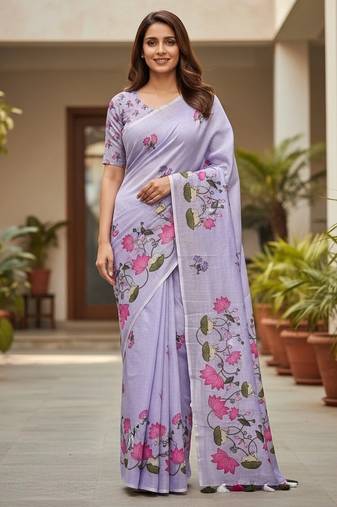 Purple colour leaf digital printed linen cotton saree  with jhalar