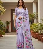 Purple colour leaf digital printed linen cotton saree  with jhalar