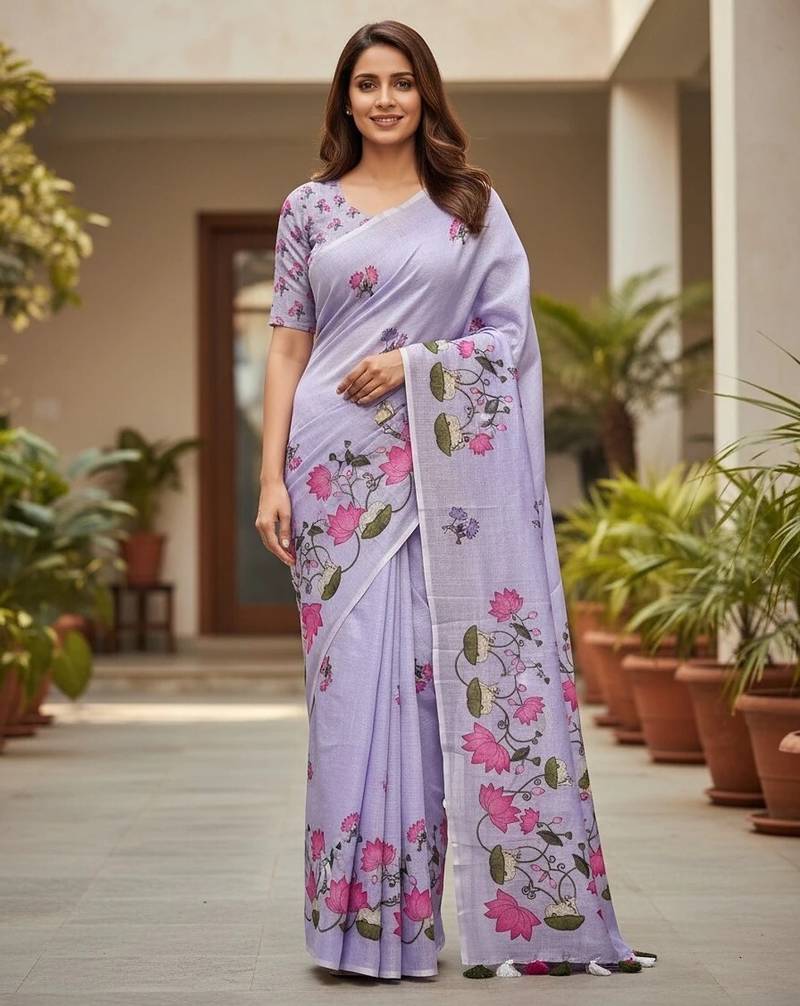 Purple colour leaf digital printed linen cotton saree  with jhalar