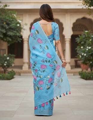 Blue colour leaf digital printed linen cotton saree with jhalar 2