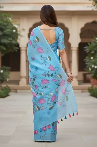 Blue colour leaf digital printed linen cotton saree with jhalar