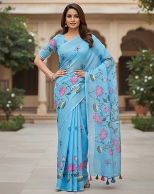 Blue colour leaf digital printed linen cotton saree with jhalar 3
