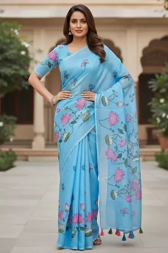 Blue colour leaf digital printed linen cotton saree with jhalar