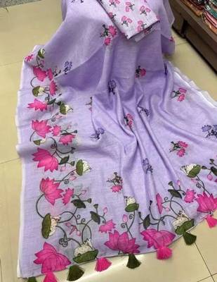 Purple colour leaf digital printed linen cotton saree  with jhalar 2