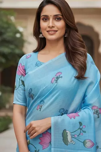Blue colour leaf digital printed linen cotton saree with jhalar